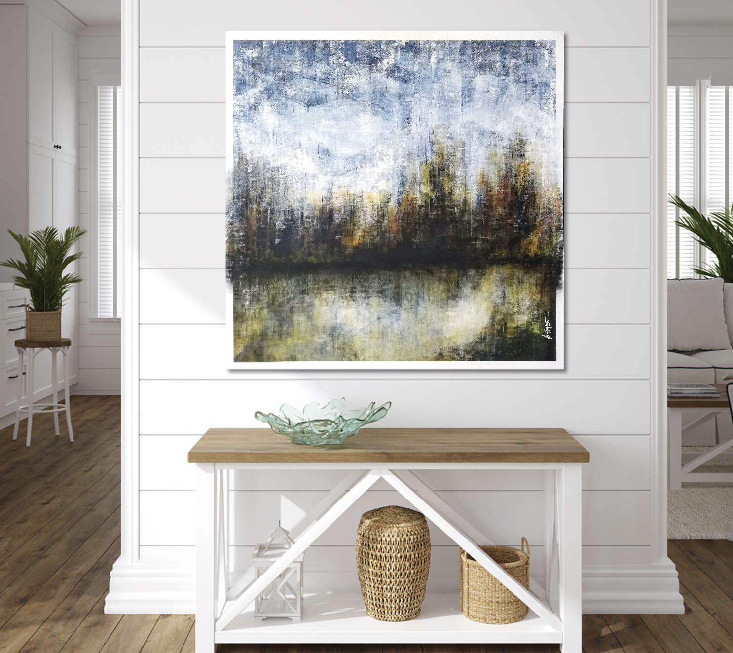 By the Way, abstract landscape painting by François Haguier, 2018: an autumn treeline with vertical urban traces and mountain ridges in a blue sky, reflected in still water