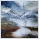 Abstract landscape painting named La quete 34x 34in, acrylic ink on wood panel 2024