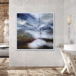 Abstract landscape painting named La quete 34x 34in, acrylic ink on wood panel