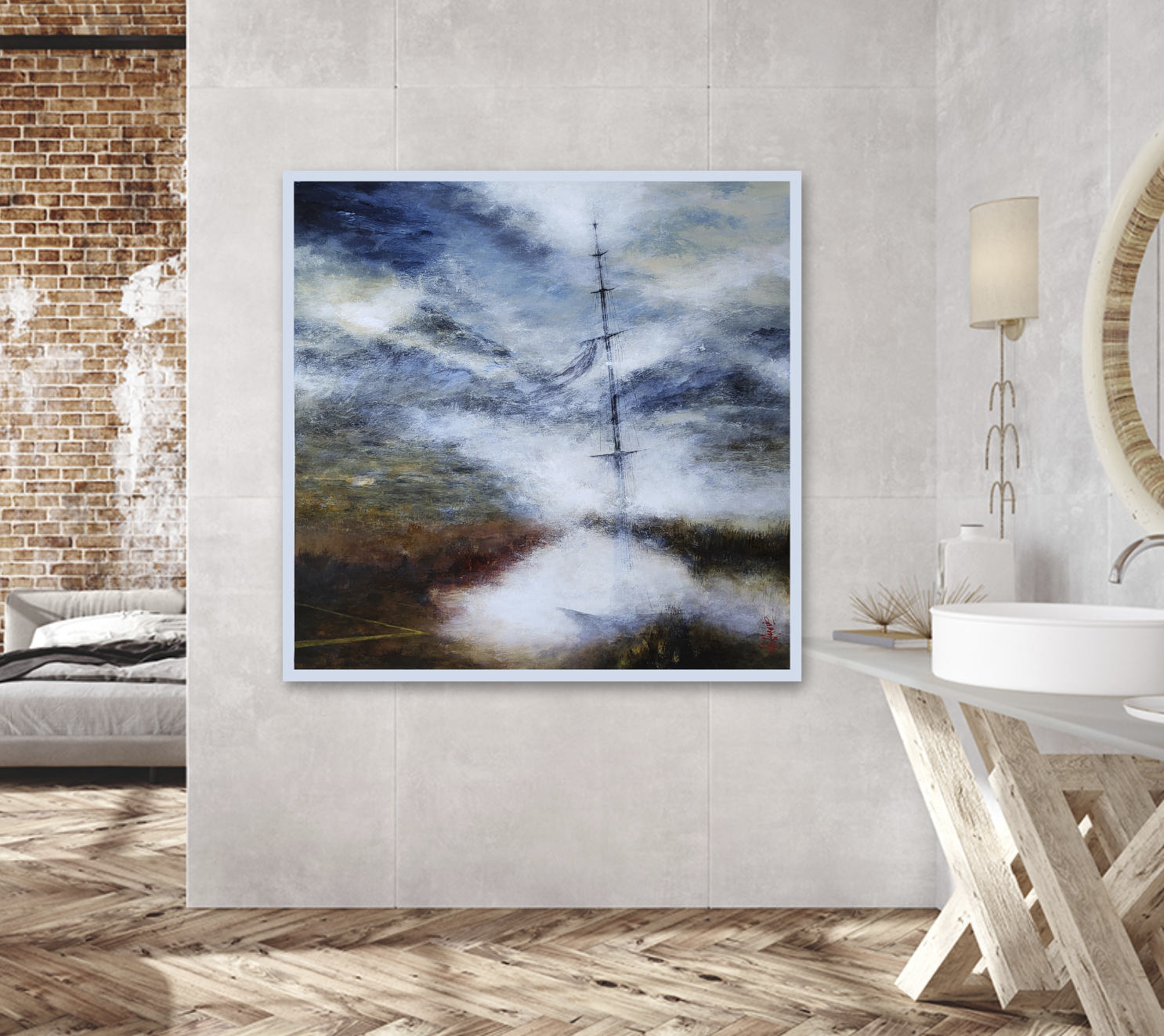 Abstract landscape painting named La quete 34x 34in, acrylic ink on wood panel