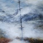 Abstract landscape painting named La quete 34x 34in, acrylic ink on wood panel zoom