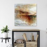 Abstract landscape painting named Mirage 20x 20in, acrylic ink on wood panel La quete