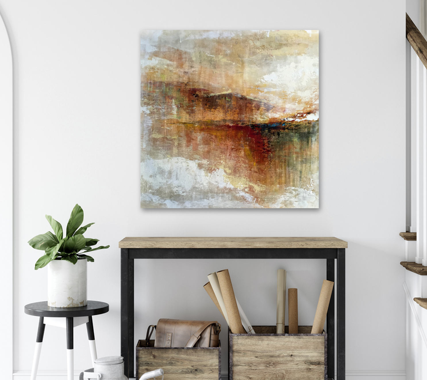 Abstract landscape painting named Mirage 20x 20in, acrylic ink on wood panel La quete